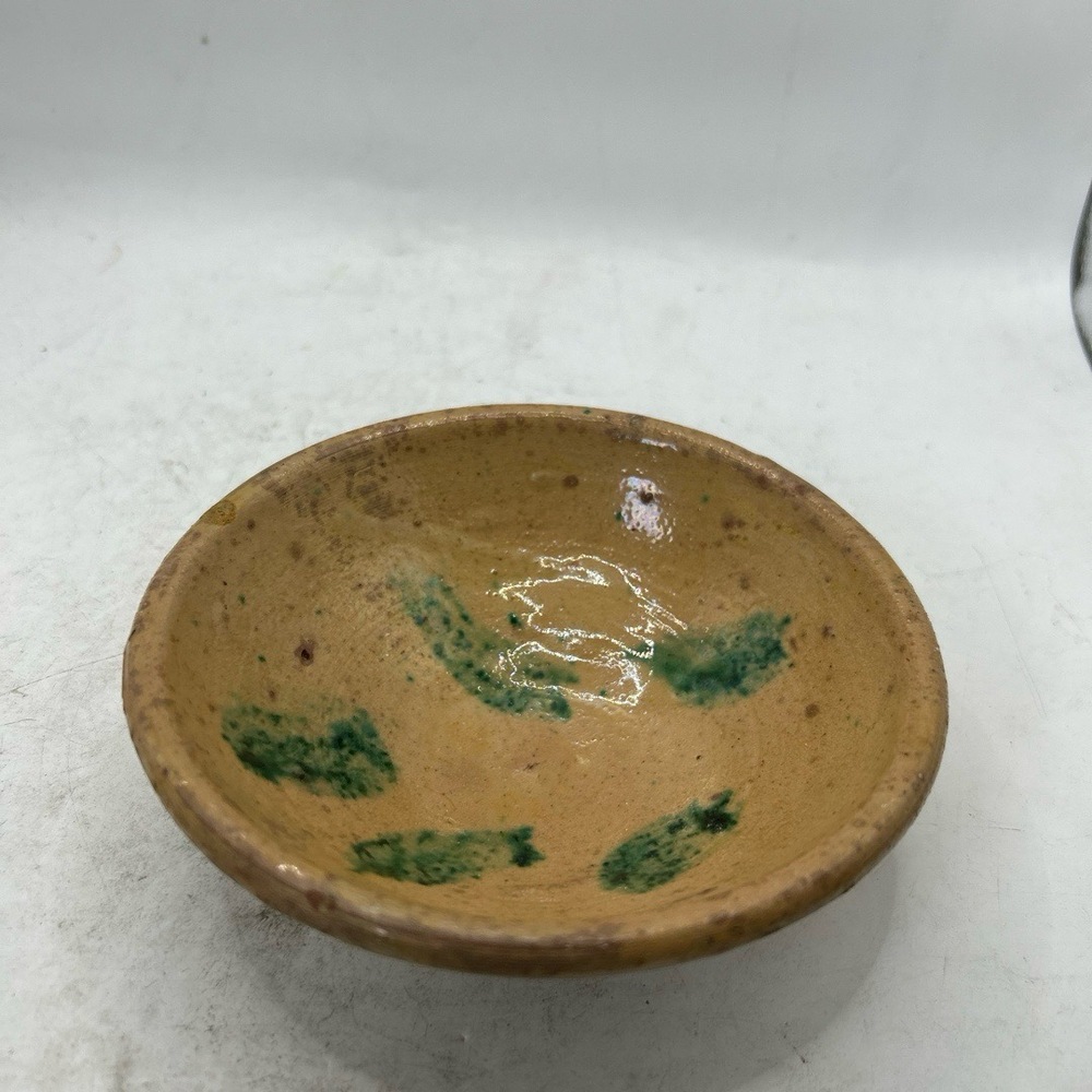 Vintage Rustic Tan Green Splatter Bowl Small Handcrafted‎ Glazed Decor